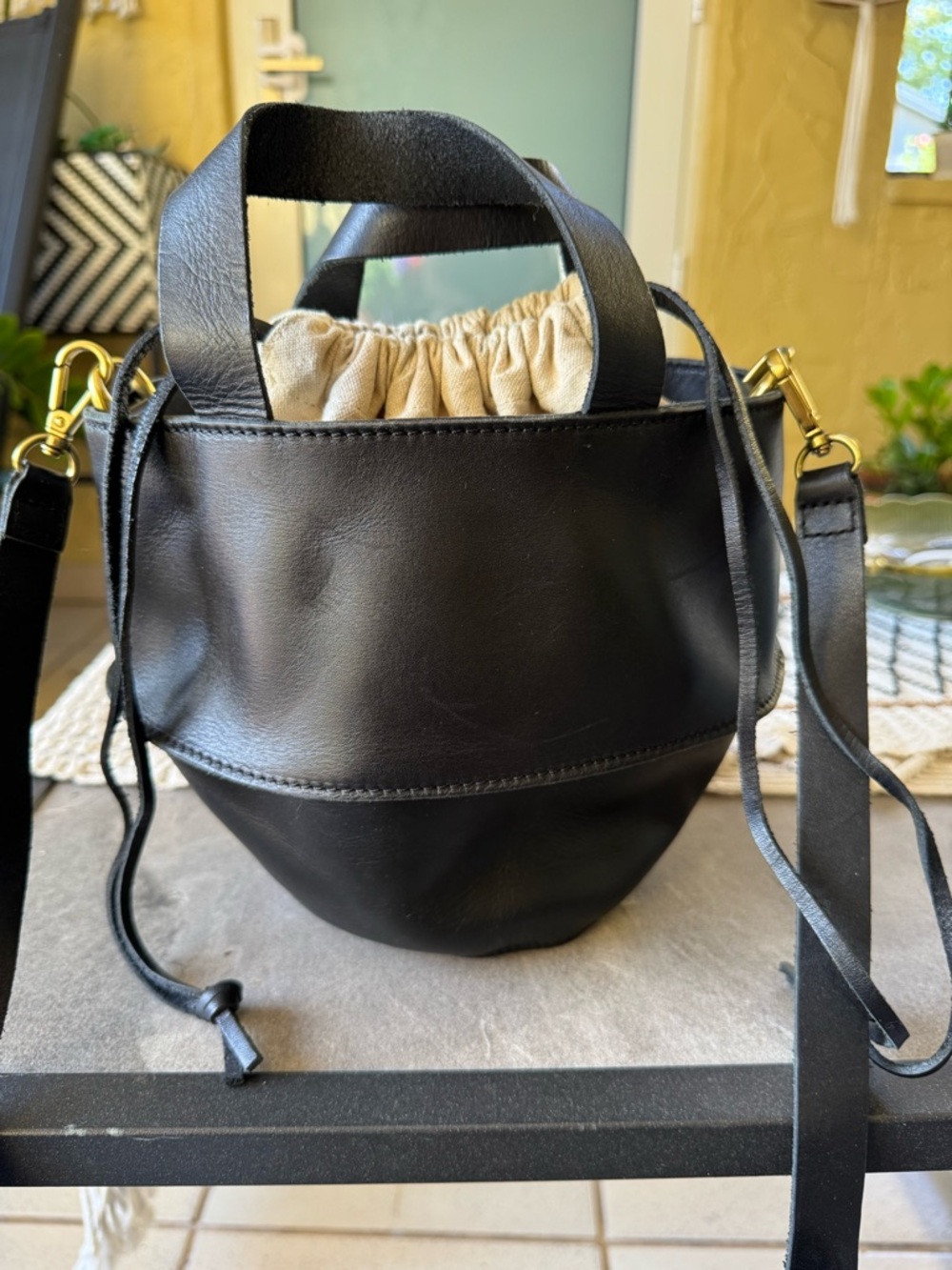 Madewell Black Leather Bucket Bag with Cream Drawstring